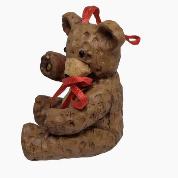 Teddy Bear Christmas Ornament Rustic Cottage Cabin Lodge Brown Red Ribbon Bow - Picture 2 of 8